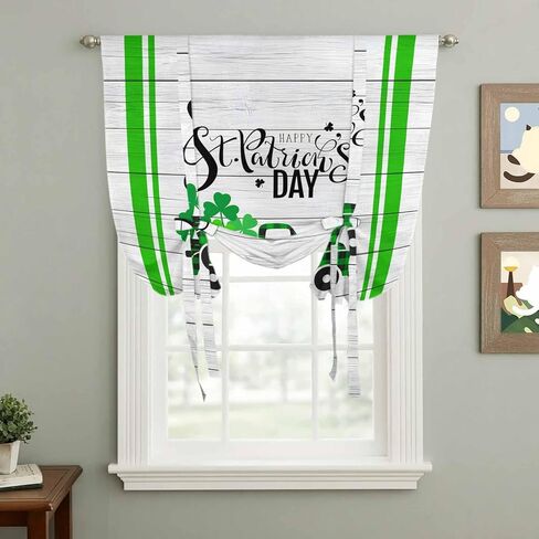 St. Patrick's Day Tie Up Curtains for Window, Spring Lucky Grass Truck Striped Wood Thermal Insulated Balloon Shade Adjustable Rod Pocket Curtains Valance Panels for Kitchen Bathroom Café 52'' x 63'' in Saudi Arabia