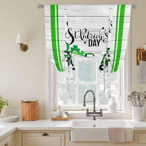 St. Patrick's Day Tie Up Curtains for Window, Spring Lucky Grass Truck Striped Wood Thermal Insulated Balloon Shade Adjustable Rod Pocket Curtains Valance Panels for Kitchen Bathroom Café 52'' x 63'' in Saudi Arabia