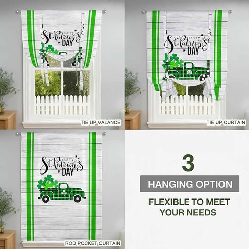 St. Patrick's Day Tie Up Curtains for Window, Spring Lucky Grass Truck Striped Wood Thermal Insulated Balloon Shade Adjustable Rod Pocket Curtains Valance Panels for Kitchen Bathroom Café 52'' x 63'' in Saudi Arabia