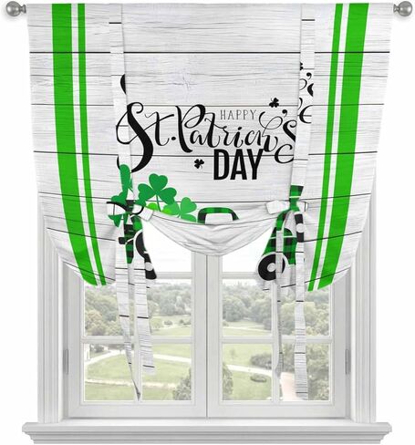 St. Patrick's Day Tie Up Curtains for Window, Spring Lucky Grass Truck Striped Wood Thermal Insulated Balloon Shade Adjustable Rod Pocket Curtains Valance Panels for Kitchen Bathroom Café 52'' x 63'' in Saudi Arabia