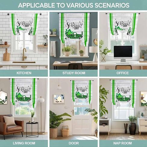 St. Patrick's Day Tie Up Curtains for Window, Spring Lucky Grass Truck Striped Wood Thermal Insulated Balloon Shade Adjustable Rod Pocket Curtains Valance Panels for Kitchen Bathroom Café 52'' x 63'' in Saudi Arabia
