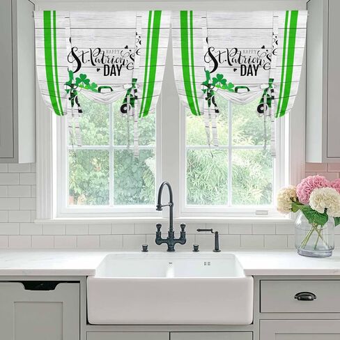 St. Patrick's Day Tie Up Curtains for Window, Spring Lucky Grass Truck Striped Wood Thermal Insulated Balloon Shade Adjustable Rod Pocket Curtains Valance Panels for Kitchen Bathroom Café 52'' x 63'' in Saudi Arabia