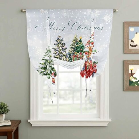 Christmas Snowflake Tie Up Curtains for Window, Winter Truck Snowman Xmas Tree Gifts Thermal Insulated Balloon Shade Adjustable Rod Pocket Curtains Valance Panels for Kitchen Bathroom Café 42'' x 45'' in Saudi Arabia