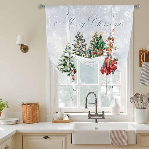 Christmas Snowflake Tie Up Curtains for Window, Winter Truck Snowman Xmas Tree Gifts Thermal Insulated Balloon Shade Adjustable Rod Pocket Curtains Valance Panels for Kitchen Bathroom Café 42'' x 45'' in Saudi Arabia