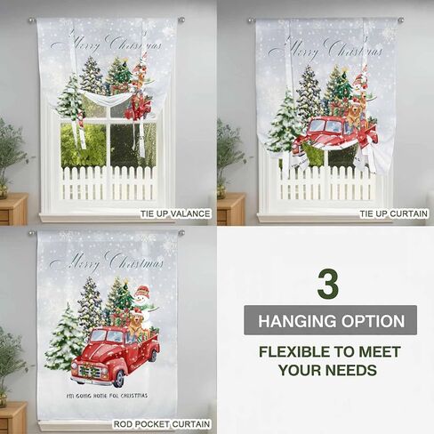 Christmas Snowflake Tie Up Curtains for Window, Winter Truck Snowman Xmas Tree Gifts Thermal Insulated Balloon Shade Adjustable Rod Pocket Curtains Valance Panels for Kitchen Bathroom Café 42'' x 45'' in Saudi Arabia