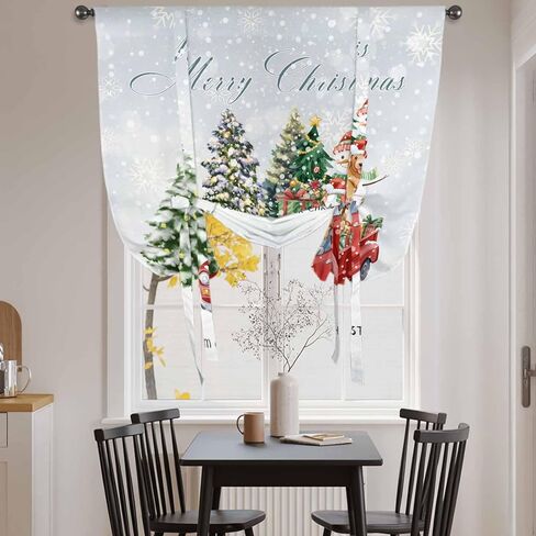 Christmas Snowflake Tie Up Curtains for Window, Winter Truck Snowman Xmas Tree Gifts Thermal Insulated Balloon Shade Adjustable Rod Pocket Curtains Valance Panels for Kitchen Bathroom Café 42'' x 45'' in Saudi Arabia