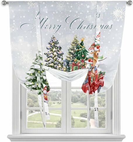Christmas Snowflake Tie Up Curtains for Window, Winter Truck Snowman Xmas Tree Gifts Thermal Insulated Balloon Shade Adjustable Rod Pocket Curtains Valance Panels for Kitchen Bathroom Café 42'' x 45'' in Saudi Arabia