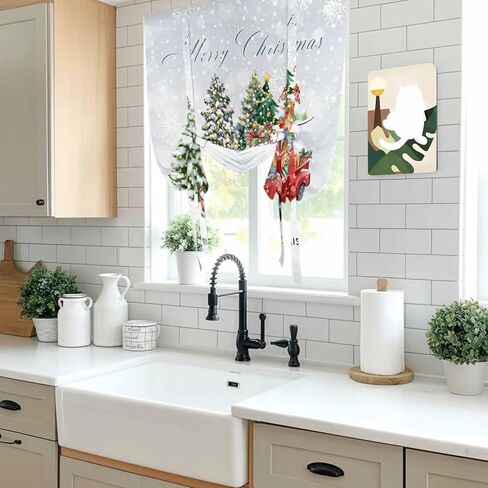 Christmas Snowflake Tie Up Curtains for Window, Winter Truck Snowman Xmas Tree Gifts Thermal Insulated Balloon Shade Adjustable Rod Pocket Curtains Valance Panels for Kitchen Bathroom Café 42'' x 45'' in Saudi Arabia