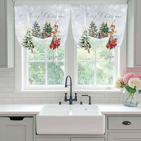 Christmas Snowflake Tie Up Curtains for Window, Winter Truck Snowman Xmas Tree Gifts Thermal Insulated Balloon Shade Adjustable Rod Pocket Curtains Valance Panels for Kitchen Bathroom Café 42'' x 45'' in Saudi Arabia