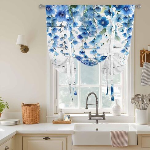 الربيع الأزرق الأزهار ربط الستائر للنافذة، مزرعة البكاء الزهور يترك الخشب الحراري معزول بالون الظل قابل للتعديل قضيب جيب الستائر الستارة لوحات للمطبخ الحمام مقهى 46 بوصة × 63 بوصة in Saudi Arabia