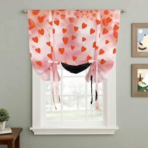 Valentine's Day Tie Up Curtains for Window, Pink Red Love Heart Cartoon Cute Black Cat Thermal Balloon Shade Adjustable Rod Pocket Curtains Valance Panels for Kitchen Bathroom Café 42'' x 63'' in Saudi Arabia