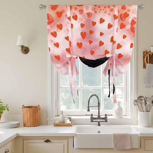 Valentine's Day Tie Up Curtains for Window, Pink Red Love Heart Cartoon Cute Black Cat Thermal Balloon Shade Adjustable Rod Pocket Curtains Valance Panels for Kitchen Bathroom Café 42'' x 63'' in Saudi Arabia