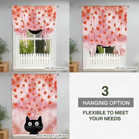 Valentine's Day Tie Up Curtains for Window, Pink Red Love Heart Cartoon Cute Black Cat Thermal Balloon Shade Adjustable Rod Pocket Curtains Valance Panels for Kitchen Bathroom Café 42'' x 63'' in Saudi Arabia