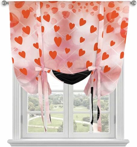 Valentine's Day Tie Up Curtains for Window, Pink Red Love Heart Cartoon Cute Black Cat Thermal Balloon Shade Adjustable Rod Pocket Curtains Valance Panels for Kitchen Bathroom Café 42'' x 63'' in Saudi Arabia