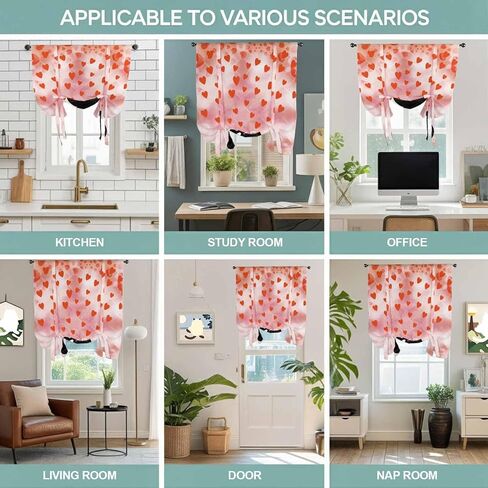 Valentine's Day Tie Up Curtains for Window, Pink Red Love Heart Cartoon Cute Black Cat Thermal Balloon Shade Adjustable Rod Pocket Curtains Valance Panels for Kitchen Bathroom Café 42'' x 63'' in Saudi Arabia
