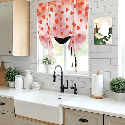 Valentine's Day Tie Up Curtains for Window, Pink Red Love Heart Cartoon Cute Black Cat Thermal Balloon Shade Adjustable Rod Pocket Curtains Valance Panels for Kitchen Bathroom Café 42'' x 63'' in Saudi Arabia