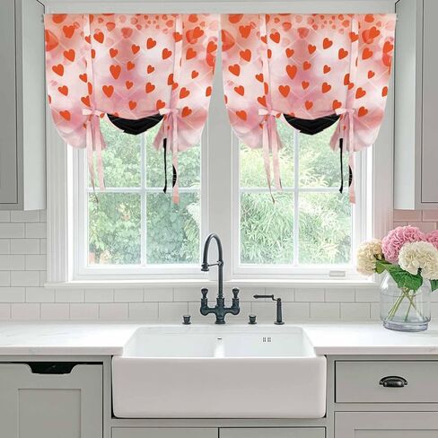 Valentine's Day Tie Up Curtains for Window, Pink Red Love Heart Cartoon Cute Black Cat Thermal Balloon Shade Adjustable Rod Pocket Curtains Valance Panels for Kitchen Bathroom Café 42'' x 63'' in Saudi Arabia