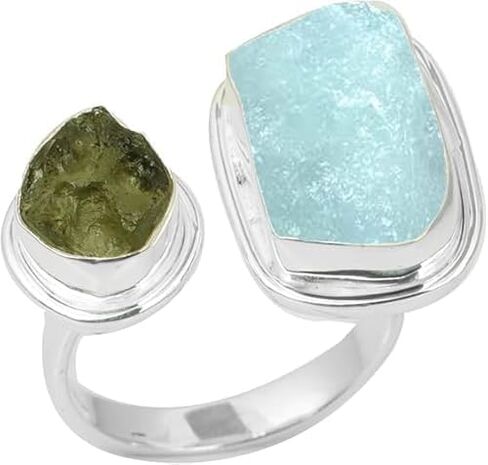 Natural Rough Moldavite Ring & Aquamarine Ring 925 Sterling Silver Gemstone Jewelry Certifed Moldavite From Czech Republic Gift for her Womens Handmade Jewelry in Kuwait