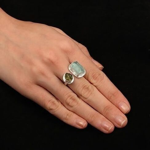 Natural Rough Moldavite Ring & Aquamarine Ring 925 Sterling Silver Gemstone Jewelry Certifed Moldavite From Czech Republic Gift for her Womens Handmade Jewelry in Kuwait