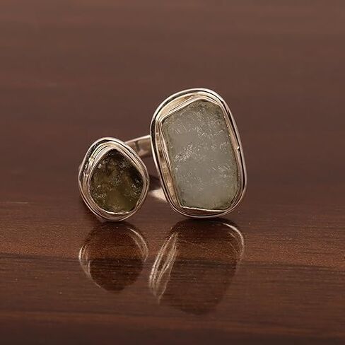Natural Rough Moldavite Ring & Aquamarine Ring 925 Sterling Silver Gemstone Jewelry Certifed Moldavite From Czech Republic Gift for her Womens Handmade Jewelry in Kuwait