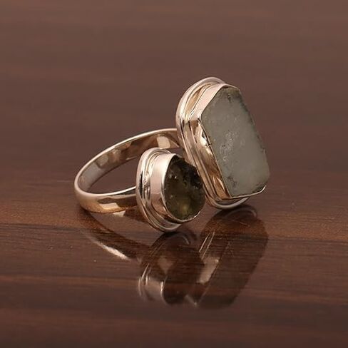 Natural Rough Moldavite Ring & Aquamarine Ring 925 Sterling Silver Gemstone Jewelry Certifed Moldavite From Czech Republic Gift for her Womens Handmade Jewelry in Kuwait
