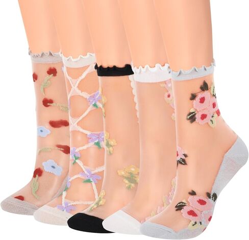 Sheer Floral Socks For Women, Thin Transparent Ankle Socks, Colorful Candy Flower Patterned Nylon See Through Sock for Women in Kuwait