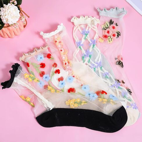 Sheer Floral Socks For Women, Thin Transparent Ankle Socks, Colorful Candy Flower Patterned Nylon See Through Sock for Women in Kuwait