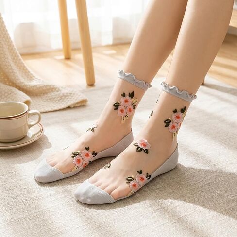 Sheer Floral Socks For Women, Thin Transparent Ankle Socks, Colorful Candy Flower Patterned Nylon See Through Sock for Women in Kuwait