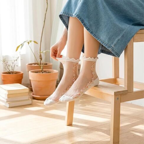Sheer Floral Socks For Women, Thin Transparent Ankle Socks, Colorful Candy Flower Patterned Nylon See Through Sock for Women in Kuwait