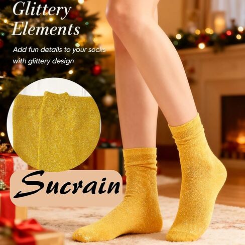 Sucrain 2 Pairs Gold Glitter Socks Novelty Bright Retro Ankle Socks Sparkly Metallic Shiny Bright Sock for women in Saudi Arabia