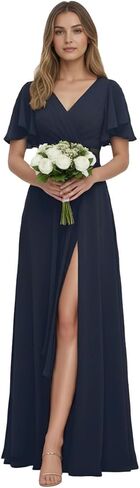 Chiffon Bridesmaid Dress for Wedding Party Guest V Neck Short Sleeves Formal Maxi Dress with Slit BD003 in Saudi Arabia