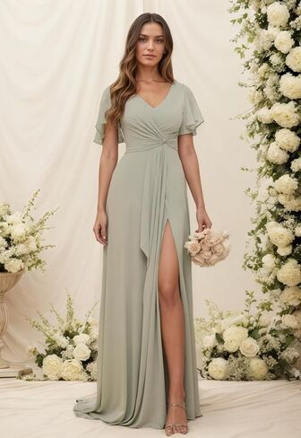 Chiffon Bridesmaid Dress for Wedding Party Guest V Neck Short Sleeves Formal Maxi Dress with Slit BD003 in Saudi Arabia