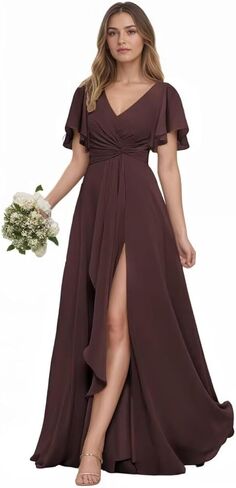 Chiffon Bridesmaid Dress for Wedding Party Guest V Neck Short Sleeves Formal Maxi Dress with Slit BD003 in Saudi Arabia