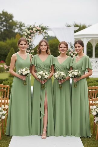 Chiffon Bridesmaid Dress for Wedding Party Guest V Neck Short Sleeves Formal Maxi Dress with Slit BD003 in Saudi Arabia