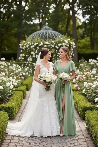 Chiffon Bridesmaid Dress for Wedding Party Guest V Neck Short Sleeves Formal Maxi Dress with Slit BD003 in Saudi Arabia