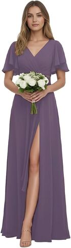 Chiffon Bridesmaid Dress for Wedding Party Guest V Neck Short Sleeves Formal Maxi Dress with Slit BD003 in Saudi Arabia