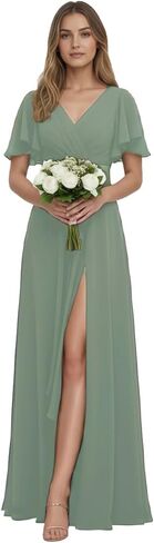 Chiffon Bridesmaid Dress for Wedding Party Guest V Neck Short Sleeves Formal Maxi Dress with Slit BD003 in Saudi Arabia