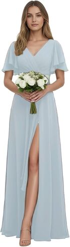 Chiffon Bridesmaid Dress for Wedding Party Guest V Neck Short Sleeves Formal Maxi Dress with Slit BD003 in Saudi Arabia