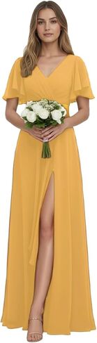 Chiffon Bridesmaid Dress for Wedding Party Guest V Neck Short Sleeves Formal Maxi Dress with Slit BD003 in Saudi Arabia