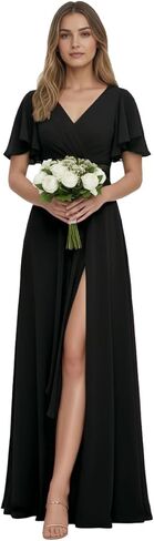 Chiffon Bridesmaid Dress for Wedding Party Guest V Neck Short Sleeves Formal Maxi Dress with Slit BD003 in Saudi Arabia