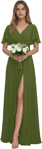 Chiffon Bridesmaid Dress for Wedding Party Guest V Neck Short Sleeves Formal Maxi Dress with Slit BD003 in Saudi Arabia
