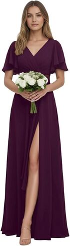 Chiffon Bridesmaid Dress for Wedding Party Guest V Neck Short Sleeves Formal Maxi Dress with Slit BD003 in Saudi Arabia