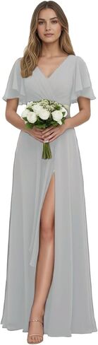 Chiffon Bridesmaid Dress for Wedding Party Guest V Neck Short Sleeves Formal Maxi Dress with Slit BD003 in Saudi Arabia