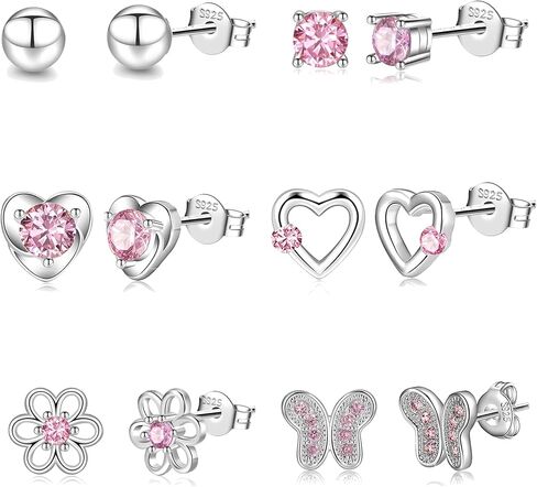 RANKEEF 4-8Pairs 925 Sterling Silver Earrings Hypoallergenic Small Hoop Tiny Heart Hoop CZ Ball Butterfly Daisy Stud Sets Pink Silver Hypoallergenic Cartilage Sleeper Earrings in Saudi Arabia