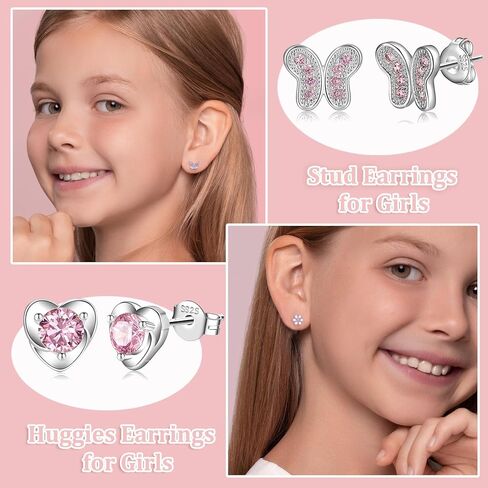 RANKEEF 4-8Pairs 925 Sterling Silver Earrings Hypoallergenic Small Hoop Tiny Heart Hoop CZ Ball Butterfly Daisy Stud Sets Pink Silver Hypoallergenic Cartilage Sleeper Earrings in Saudi Arabia