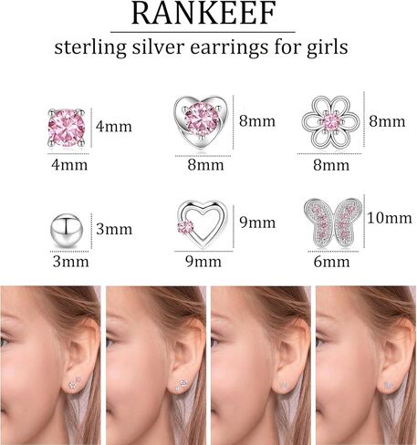 RANKEEF 4-8Pairs 925 Sterling Silver Earrings Hypoallergenic Small Hoop Tiny Heart Hoop CZ Ball Butterfly Daisy Stud Sets Pink Silver Hypoallergenic Cartilage Sleeper Earrings in Saudi Arabia