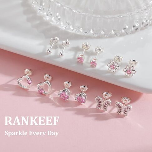 RANKEEF 4-8Pairs 925 Sterling Silver Earrings Hypoallergenic Small Hoop Tiny Heart Hoop CZ Ball Butterfly Daisy Stud Sets Pink Silver Hypoallergenic Cartilage Sleeper Earrings in Saudi Arabia