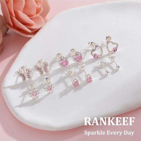 RANKEEF 4-8Pairs 925 Sterling Silver Earrings Hypoallergenic Small Hoop Tiny Heart Hoop CZ Ball Butterfly Daisy Stud Sets Pink Silver Hypoallergenic Cartilage Sleeper Earrings in Saudi Arabia