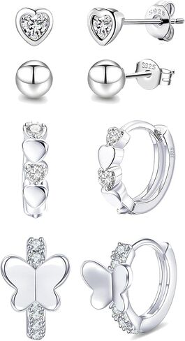 RANKEEF 4-8Pairs 925 Sterling Silver Earrings Hypoallergenic Small Hoop Tiny Heart Hoop CZ Ball Butterfly Daisy Stud Sets Pink Silver Hypoallergenic Cartilage Sleeper Earrings in Saudi Arabia