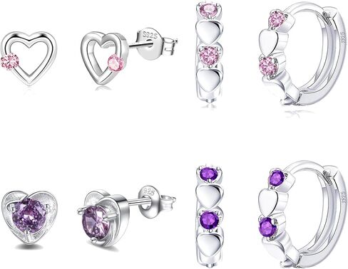 RANKEEF 4-8Pairs 925 Sterling Silver Earrings Hypoallergenic Small Hoop Tiny Heart Hoop CZ Ball Butterfly Daisy Stud Sets Pink Silver Hypoallergenic Cartilage Sleeper Earrings in Saudi Arabia